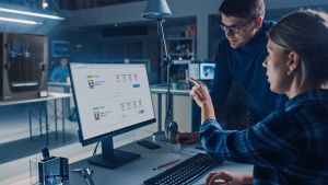 Engineer Working on Desktop Computer, Screen Showing CAD Software with 3D Engine Prototype. Late at Night in Engineering Facility, Blueprints and Drawings on Walls. Over the Shoulder Shot